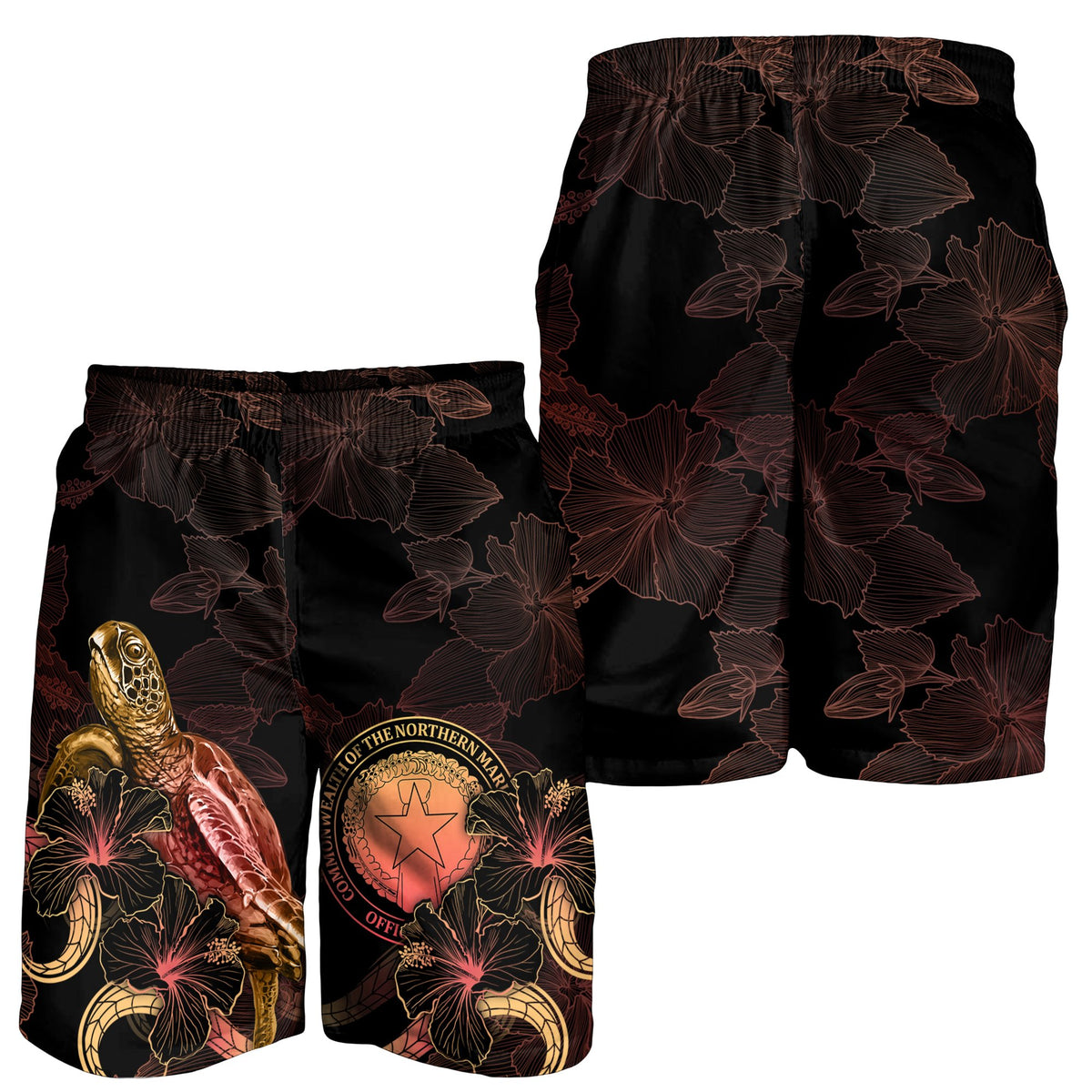 CNMI Polynesian Men's Shorts - Turtle With Blooming Hibiscus Gold - Polynesian Pride
