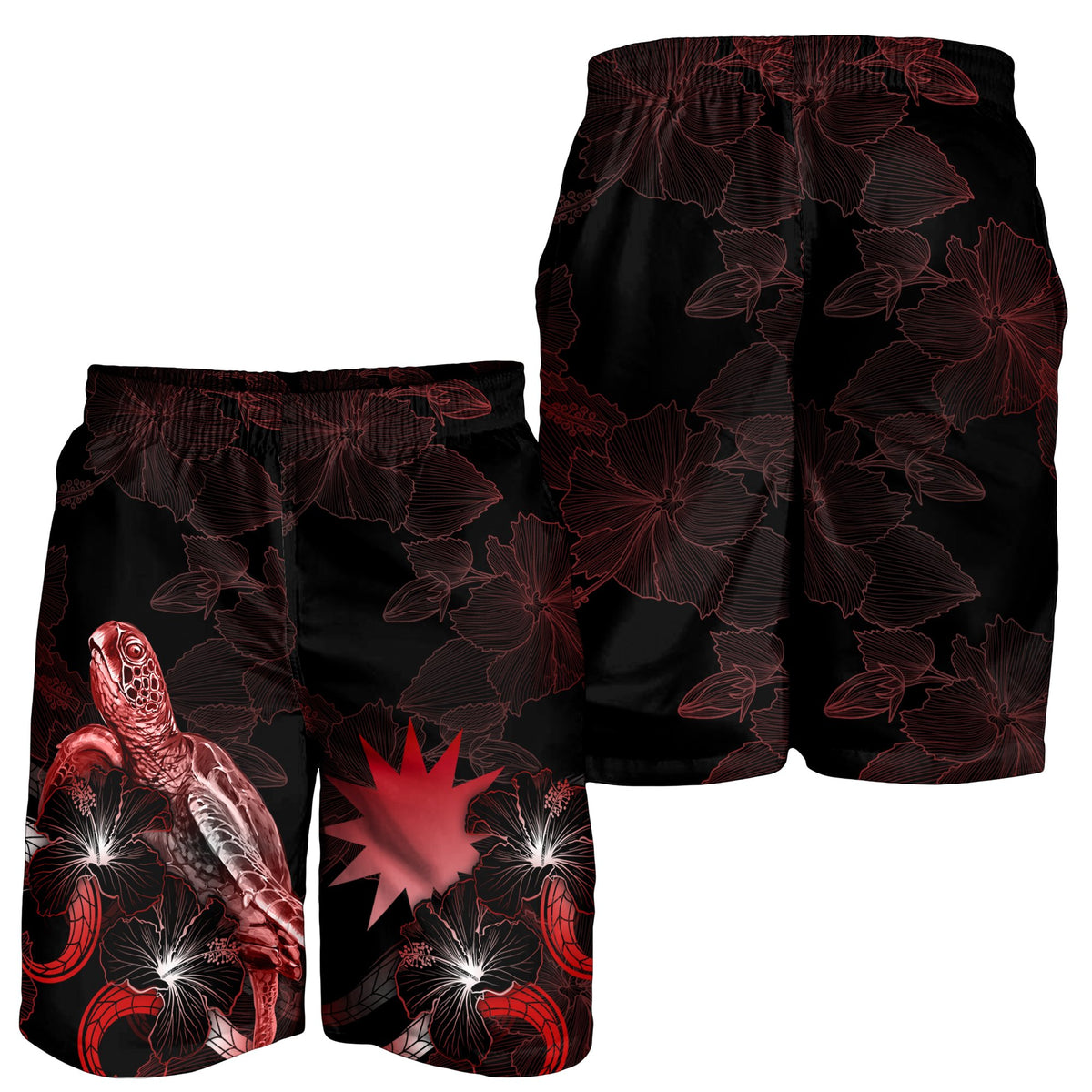 Nauru Polynesian Men's Shorts - Turtle With Blooming Hibiscus Red - Polynesian Pride