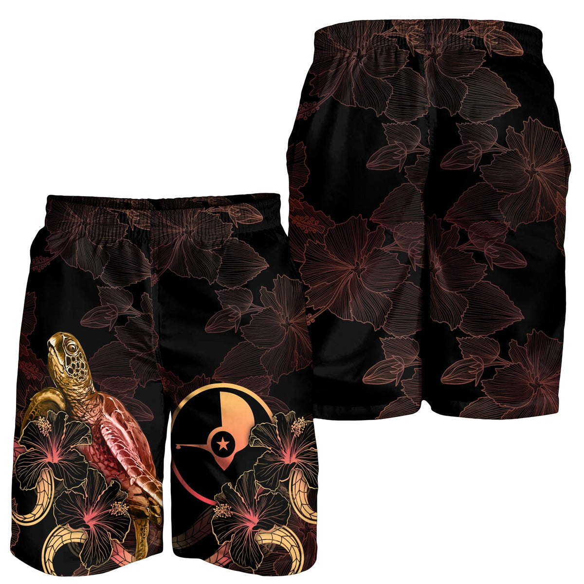 Yap Polynesian Men's Shorts - Turtle With Blooming Hibiscus Gold - Polynesian Pride