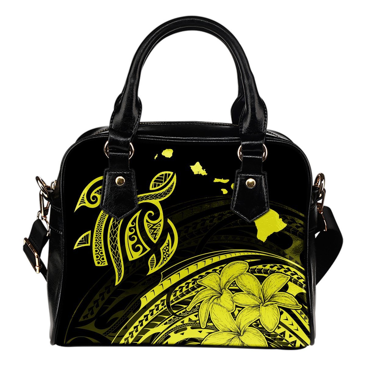 Hawaii Map Plumeria Polynesian Yellow Turtle Shoulder Handbag One Size Yellow - Polynesian Pride