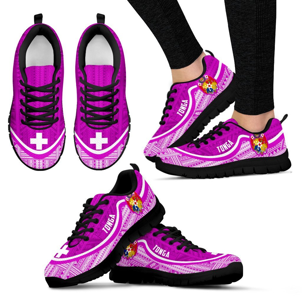 Tonga Wave Sneakers - Polynesian Pattern White Pink Color Women's Sneakers - Black - Tonga Black - Polynesian Pride