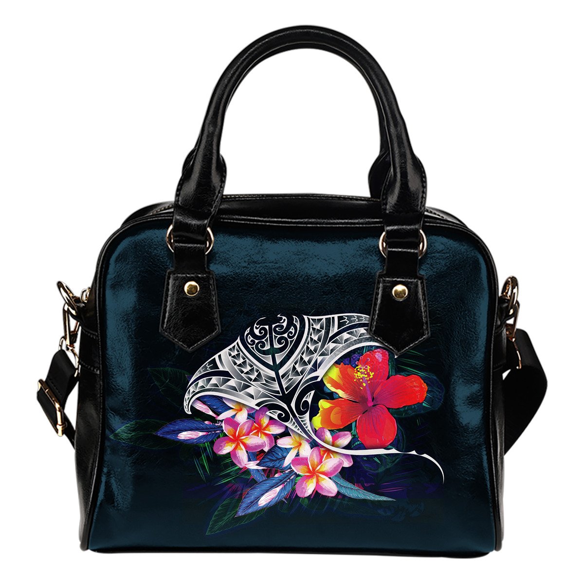 Polynesian Shoulder Handbag - Manta Ray And Hibiscus One Size Blue - Polynesian Pride