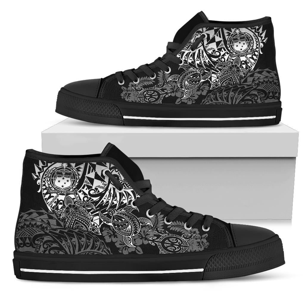 Samoa Polynesian High Top Shoes - White Turtle Flowing Unisex Black - Polynesian Pride