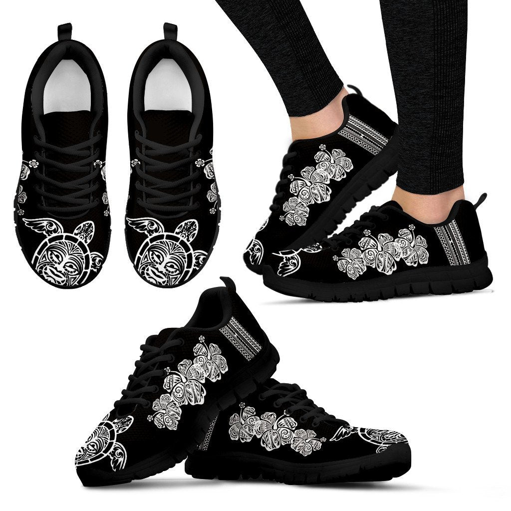 Polynesian Shoes - White Hibiscus Turle Tribal - NN6 Unisex Black - Polynesian Pride