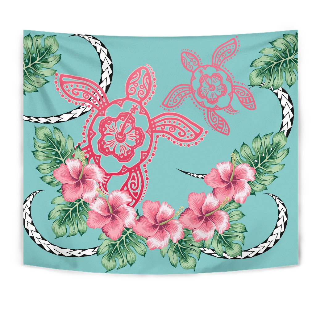 Hawaii Tropical Hibiscus Turtle Mint Style - Tapestry AH Wall Tapestry Turquoise - Polynesian Pride