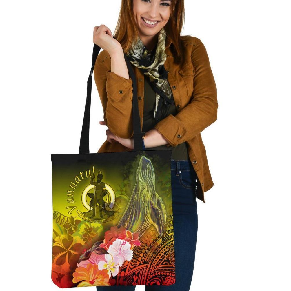 Vanuatu Tote Bags- Humpback Whale with Tropical Flowers (Yellow) Tote Bag One Size Yellow - Polynesian Pride