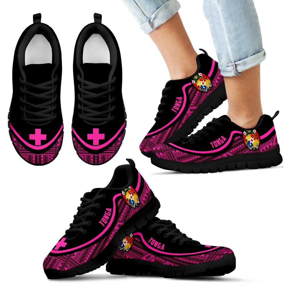 Tonga Wave Sneakers - Polynesian Pattern Pink Color Kid's Sneakers - Black - Tonga Black - Polynesian Pride