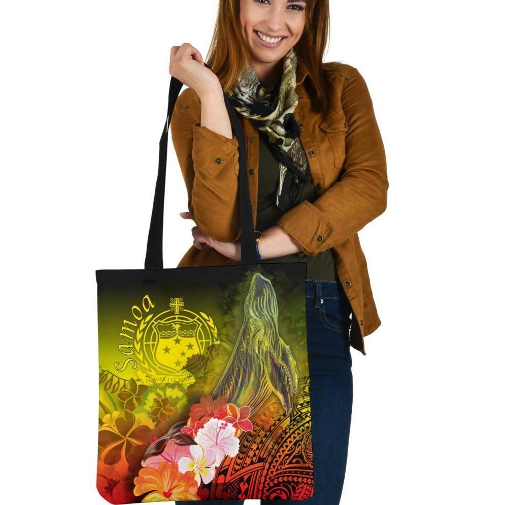 Samoa Tote Bags - Humpback Whale with Tropical Flowers (Yellow) Tote Bag One Size Yellow - Polynesian Pride