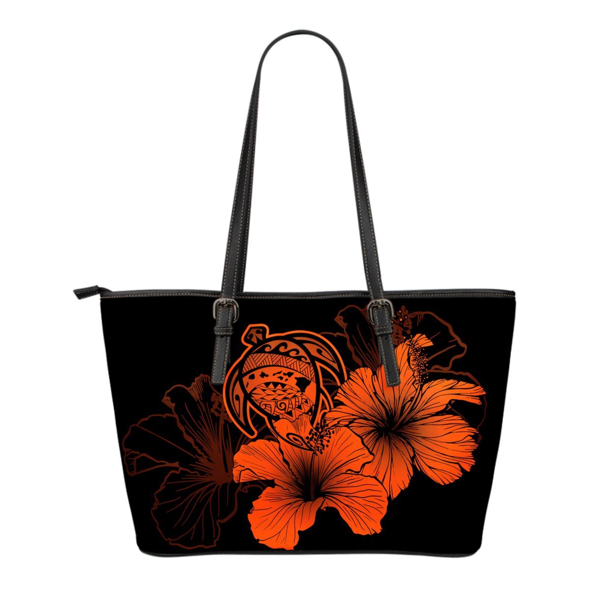 Hawaii Hibiscus Small Leather Tote Bag - Turtle Map - Orange Orange - Polynesian Pride