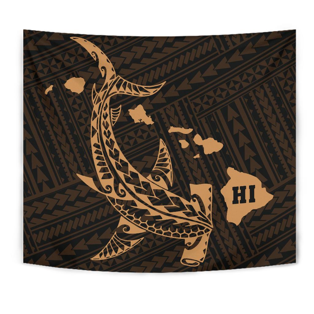 Hawaii Shark Gold Polynesian Tribal Tapestry Wall Tapestry Gold - Polynesian Pride