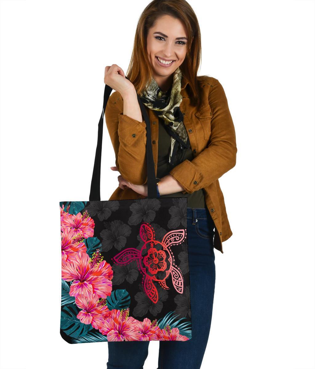 Hawaii Tote Bag Hibiscus Turtle Black AH Tote Bag One Size Black - Polynesian Pride