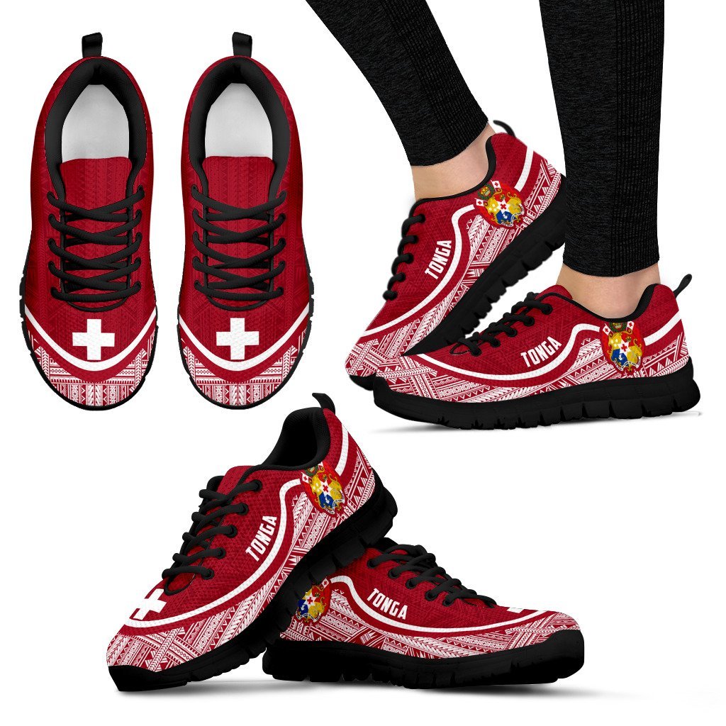 Tonga Wave Sneakers - Polynesian Pattern White Red Color Women's Sneakers - Black - Tonga Black - Polynesian Pride