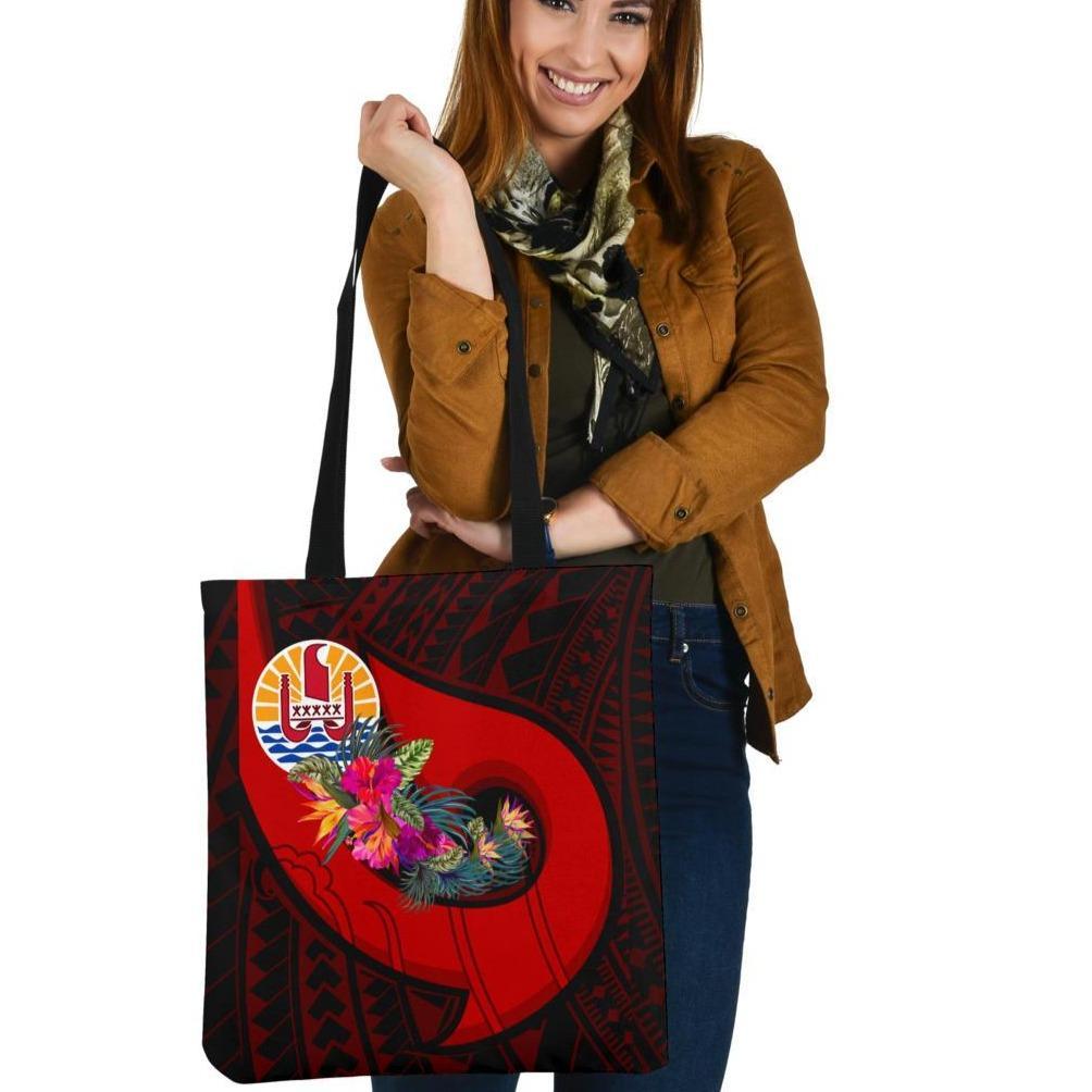 Tahiti Tote Bags - Polynesian Hook And Hibiscus (Red) Tote Bag One Size Red - Polynesian Pride