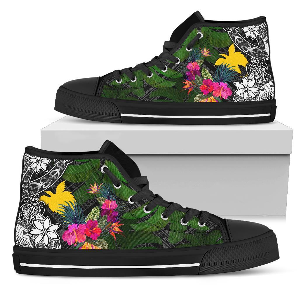 Papua New Guinea High Top Shoes - Turtle Plumeria Banana Leaf Unisex Black - Polynesian Pride