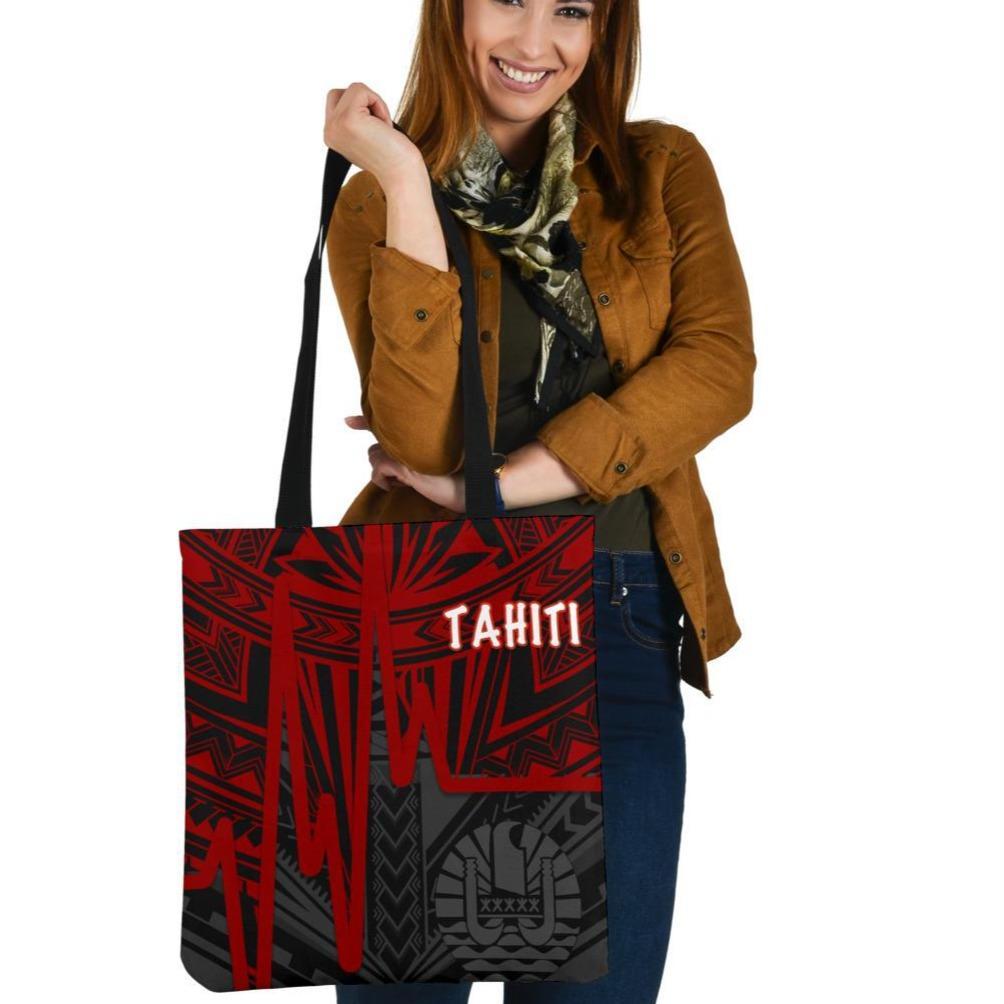 Tahiti Tote Bags - Tahiti Seal In Heartbeat Patterns Style (Red) Tote Bag One Size Red - Polynesian Pride