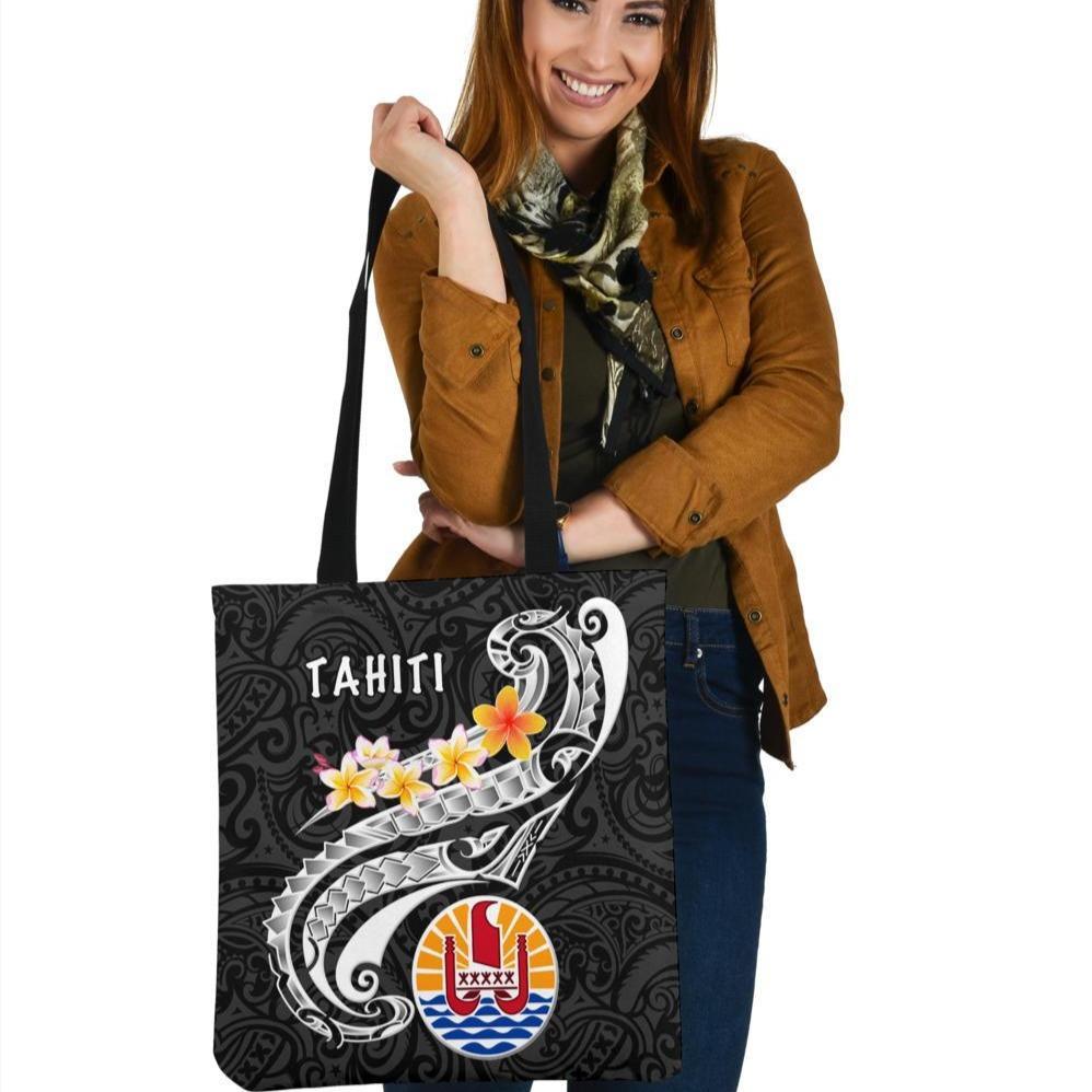 Tahiti Tote Bags - Tahiti Seal Polynesian Patterns Plumeria (Black) Tote Bag One Size Black - Polynesian Pride