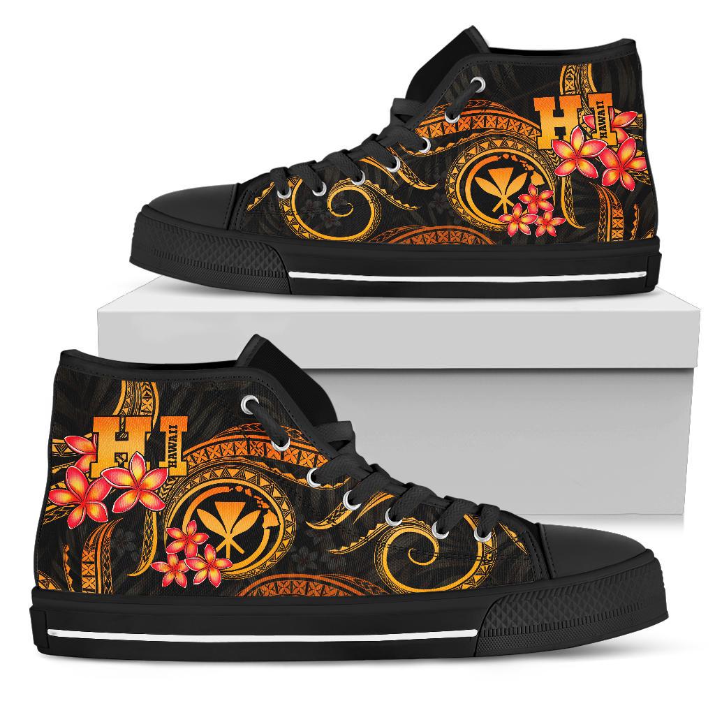 Polynesian Hawaii High Top Shoes - Gold Plumeria Unisex Black - Polynesian Pride