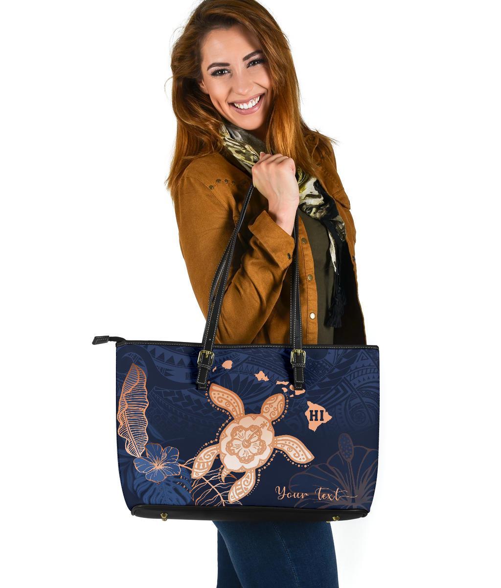 Personalized - Hawaii Kakau Polynesian Turtle Map Large Leather Tote Bag - Indigo Ver 1 - Polynesian Pride