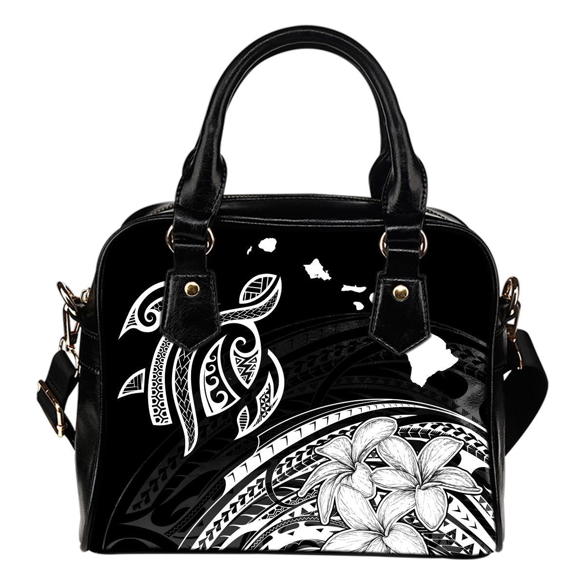 Hawaii Map Plumeria Polynesian White Turtle Shoulder Handbag One Size White - Polynesian Pride