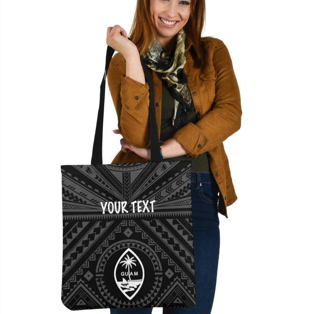 Guam Personalised Tote Bags - Guam Seal With Polynesian Tattoo Style (Black) Tote Bag One Size Black - Polynesian Pride