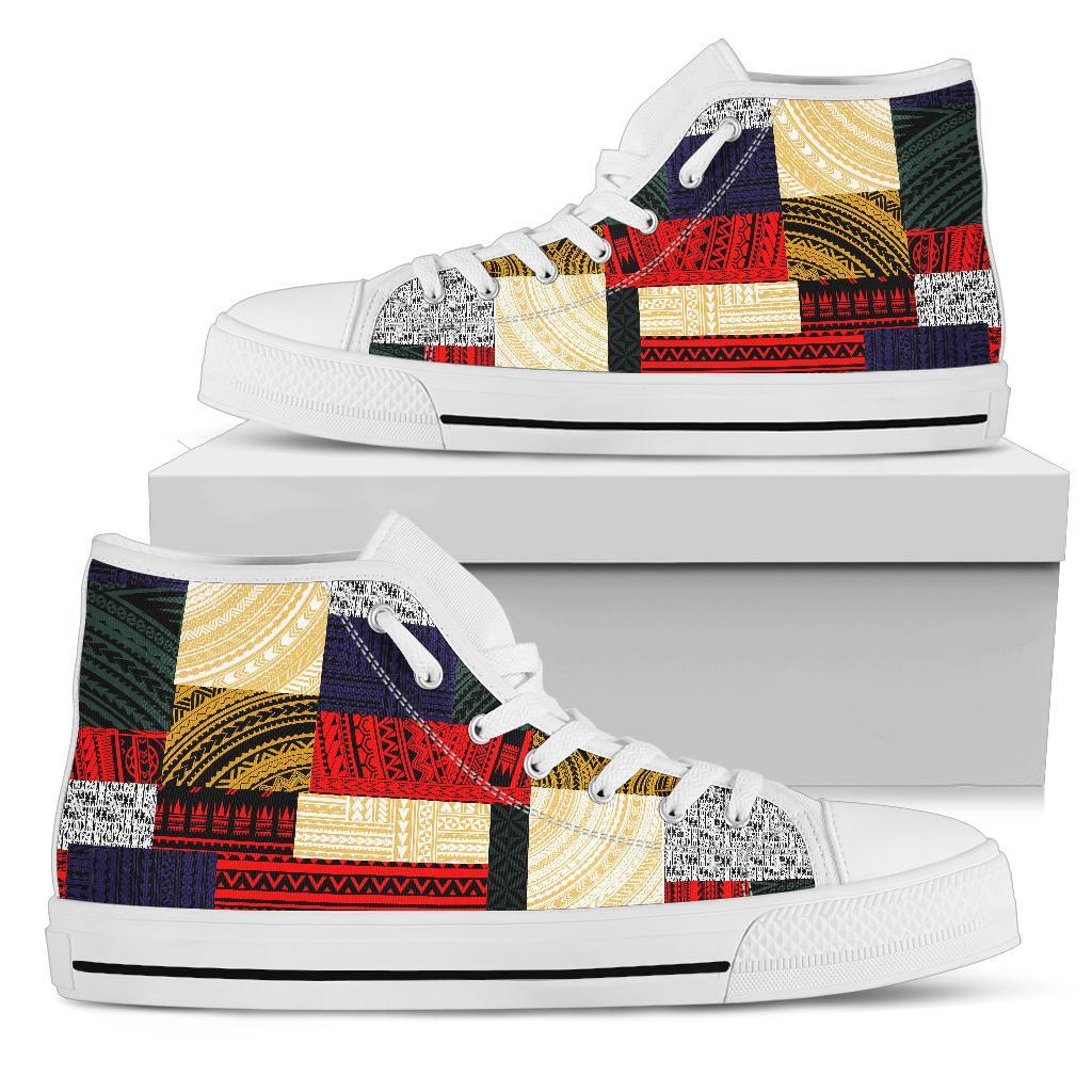 Polynesian High Top Shoes - Design Retro Patchwork Unisex White - Polynesian Pride