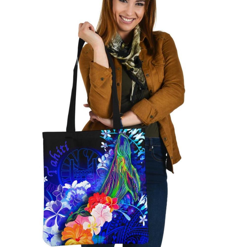 Tahiti Tote Bags - Humpback Whale with Tropical Flowers (Blue) Tote Bag One Size Blue - Polynesian Pride