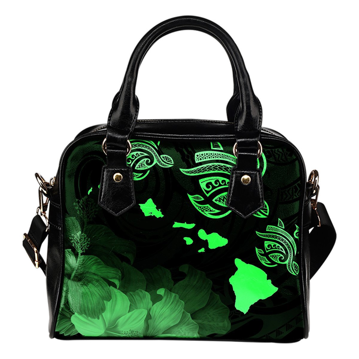 Hawaii Hibiscus Map Polynesian Ancient Green Turtle Shoulder Handbag One Size Green - Polynesian Pride