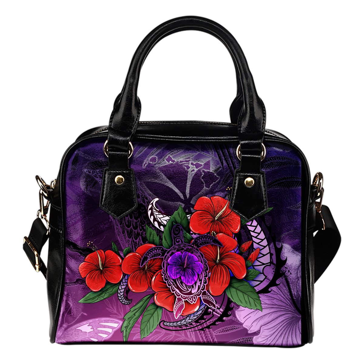Polynesian Hawaii Shoulder Handbag - Purple Hibiscus Turtle Flowing One Size PURPLE - Polynesian Pride