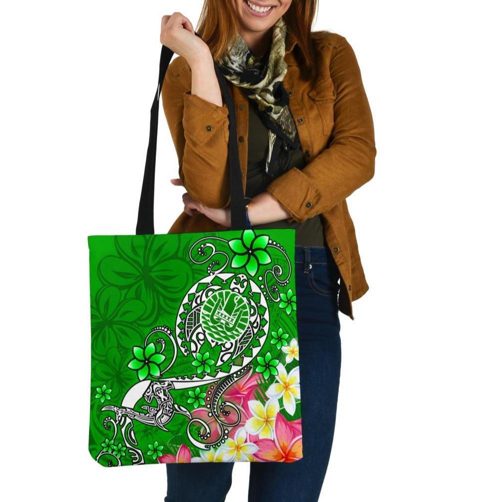 Tahiti Tote Bags - Turtle Plumeria (Green) Tote Bag One Size Green - Polynesian Pride