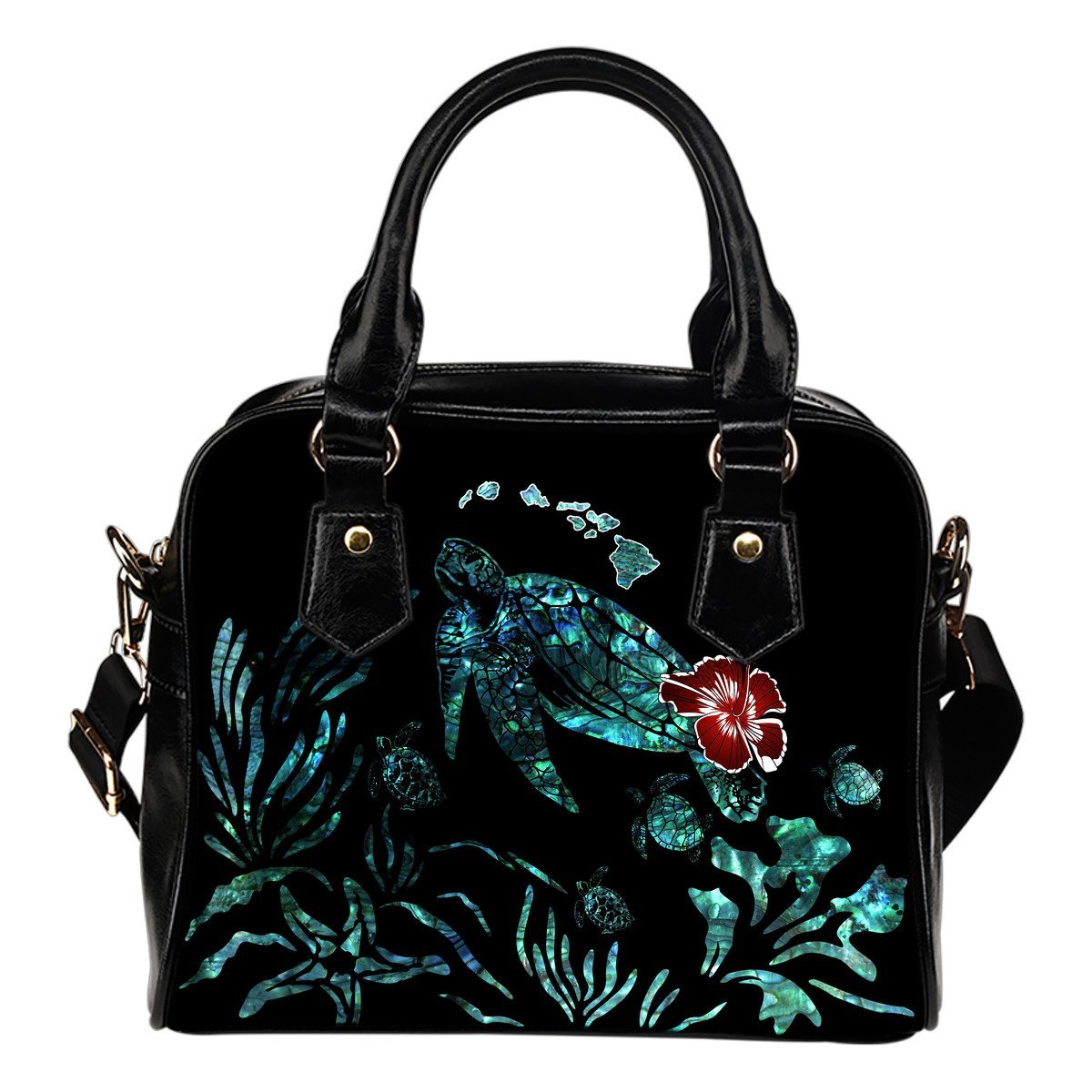 Hawaii Ohana Honu Paua Shell Shoulder Handbag One Size Black - Polynesian Pride