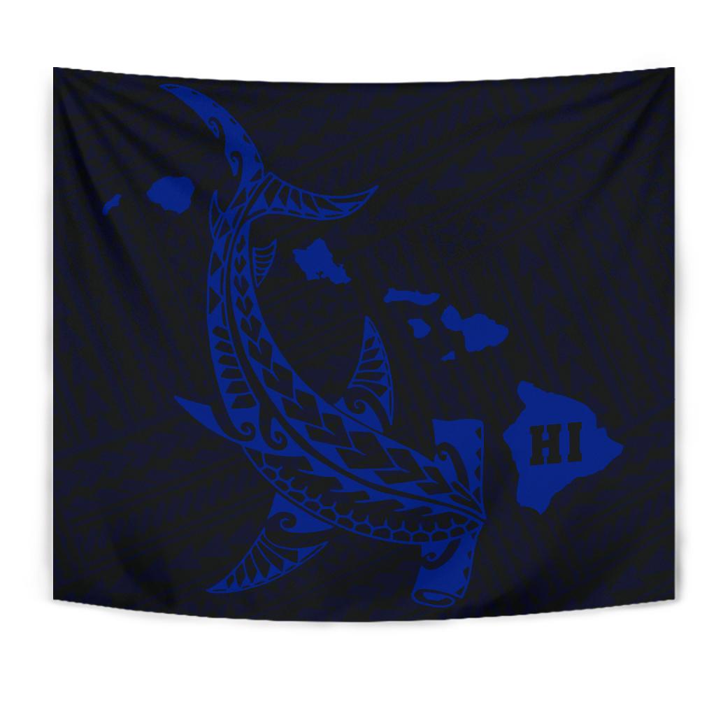 Hawaii Shark Blue Polynesian Tribal Tapestry Wall Tapestry Blue - Polynesian Pride
