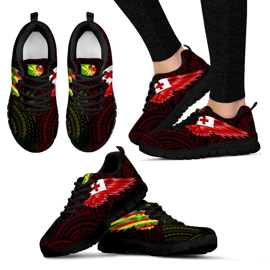 Polynesian Sneakers - Kanaka Maoli Flag Tonga Coat Of Arms & Flag Wing - A8 Unisex Black - Polynesian Pride