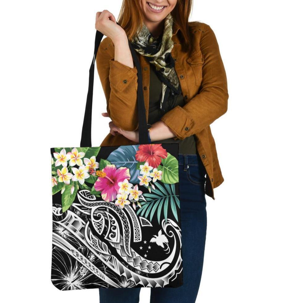 Papua New Guinea Polynesian Tote Bags - Summer Plumeria (Black) Tote Bag One Size Black - Polynesian Pride