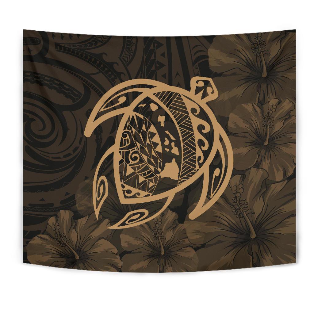 Hawaii Turtle Kanaka Map Hibiscus Poly Tapestry - Gold - Polynesian Pride