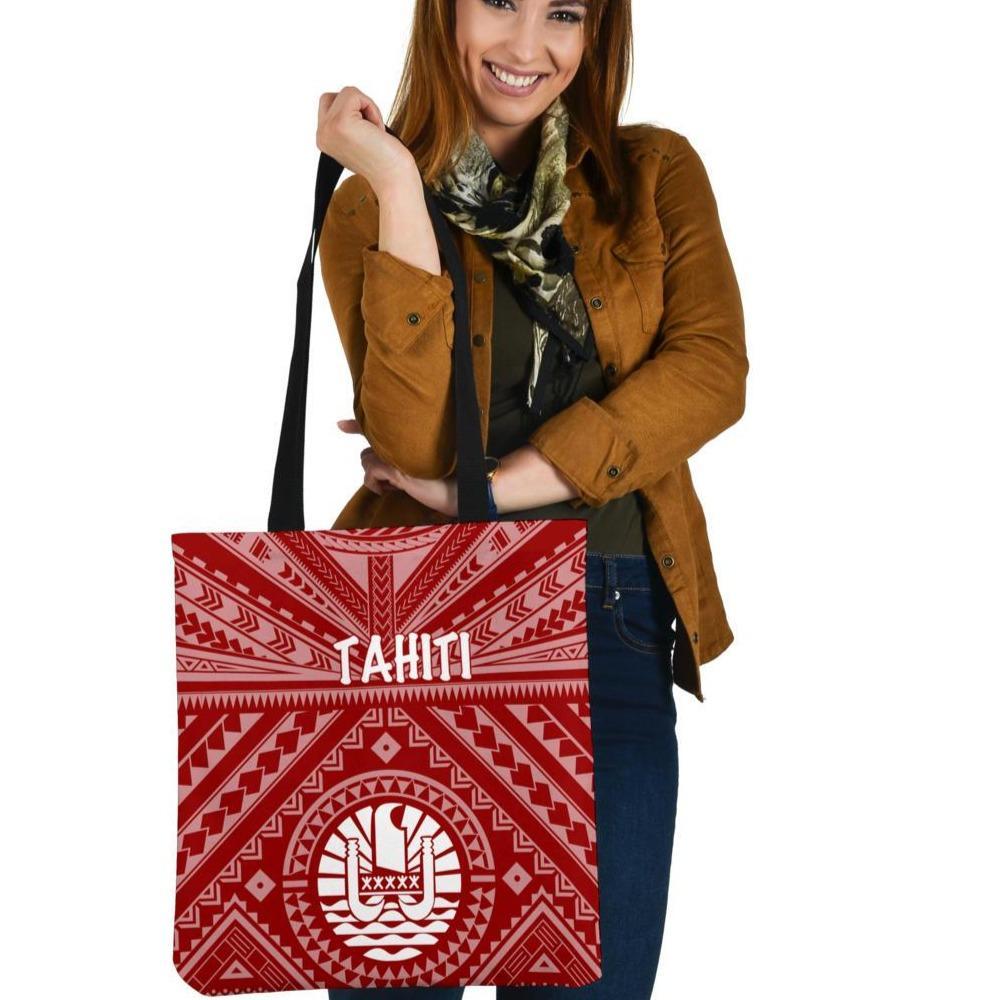 Tahiti Tote Bags - Tahiti Seal In Polynesian Tattoo Style (Red) Tote Bag One Size Red - Polynesian Pride
