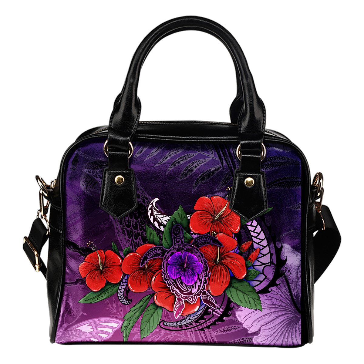 Polynesian Shoulder Handbag - Purple Hibiscus Turtle Flowing One Size PURPLE - Polynesian Pride