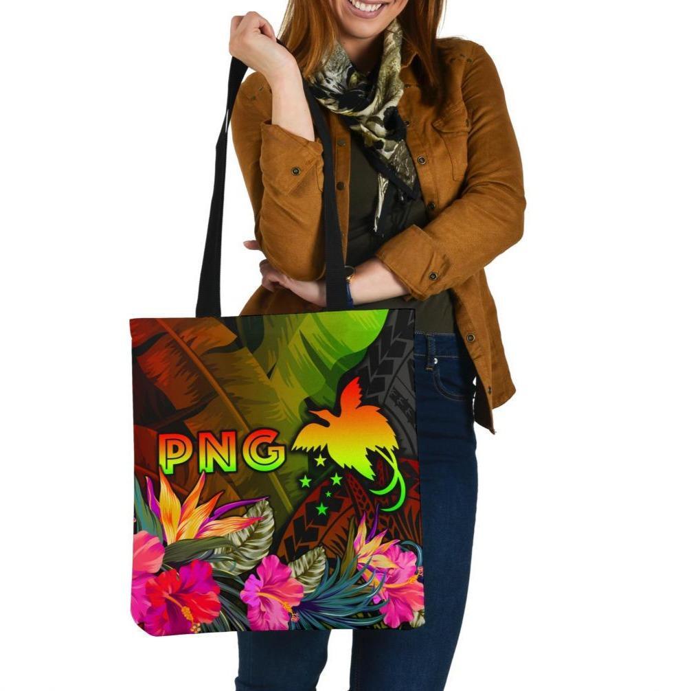Papua New Guinea Polynesian Tote Bags - Hibiscus and Banana Leaves Tote Bag One Size Reggae - Polynesian Pride