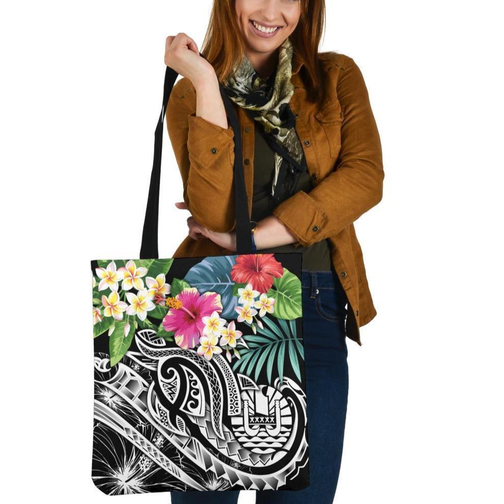 Tahiti Polynesian Tote Bags - Summer Plumeria (Black) Tote Bag One Size Black - Polynesian Pride