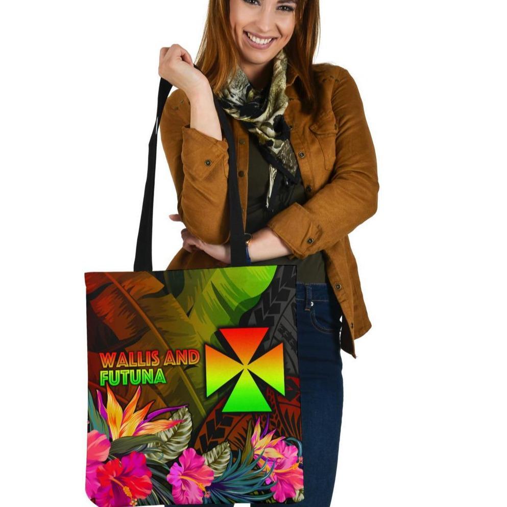Wallis and Futuna Polynesian Tote Bags - Hibiscus and Banana Leaves Tote Bag One Size Reggae - Polynesian Pride