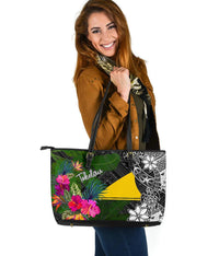 Tokelau Large Leather Tote Bag - Turtle Plumeria Banana Leaf Black - Polynesian Pride