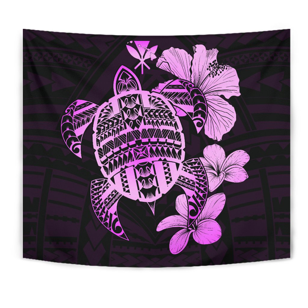 Hawaiian Kanaka Hibiscus Plumeria Mix Polynesian Turtle Tapestry Pink AH Wall Tapestry Pink - Polynesian Pride