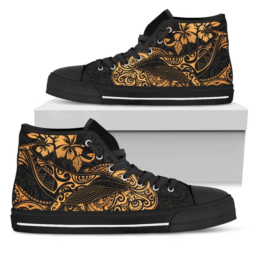Polynesian Hawaii High Top Shoes - Polynesian Golden Humpback Whale Unisex Black - Polynesian Pride