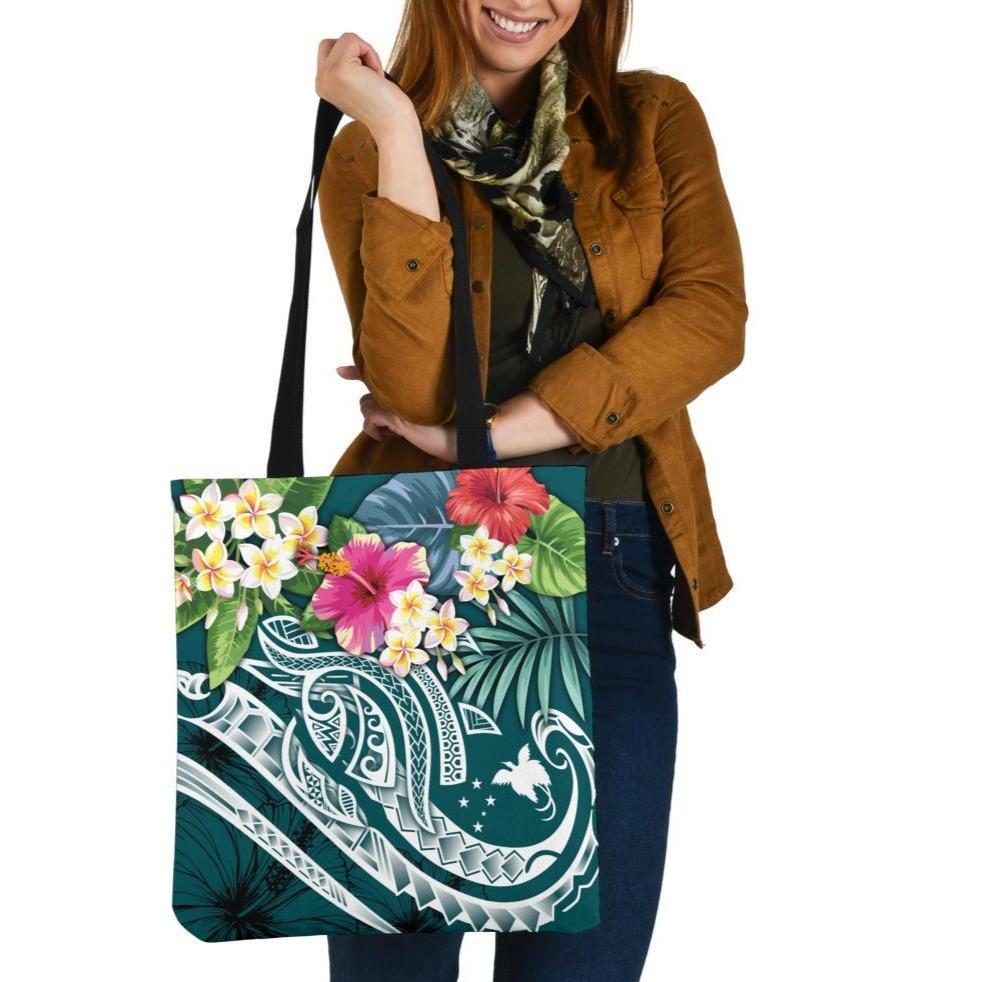 Papua New Guinea Polynesian Tote Bags - Summer Plumeria (Turquoise) Tote Bag One Size Turquoise - Polynesian Pride