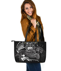 Samoa Leather Tote Bag - White Shark Polynesian Tattoo White - Polynesian Pride