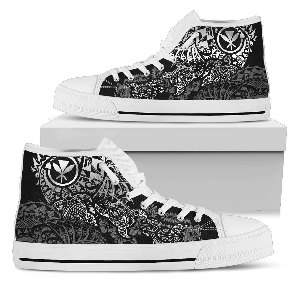 Polynesian Hawaii (Kanaka Maoli) High Top Shoes - White Hibiscus Turtle Flowing Unisex White - Polynesian Pride