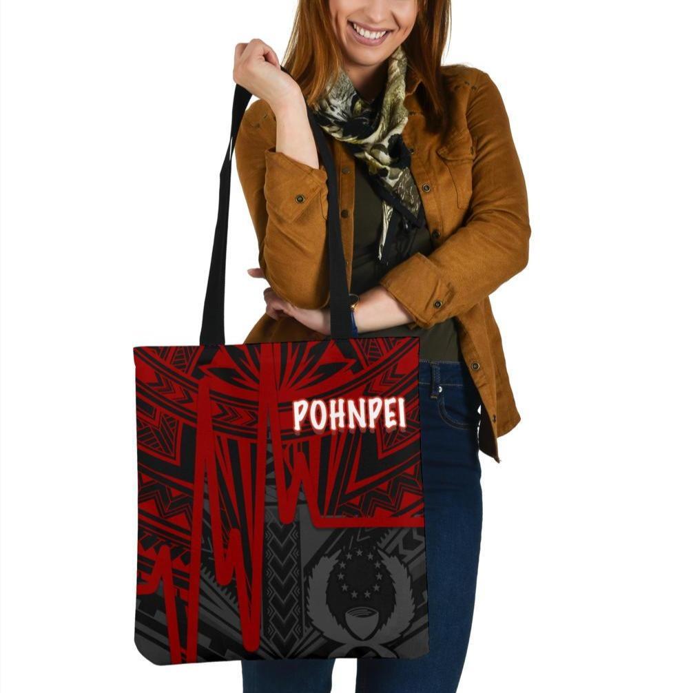 Pohnpei Tote Bags - Pohnpei Seal In Heartbeat Patterns Style (Red) Tote Bag One Size Red - Polynesian Pride