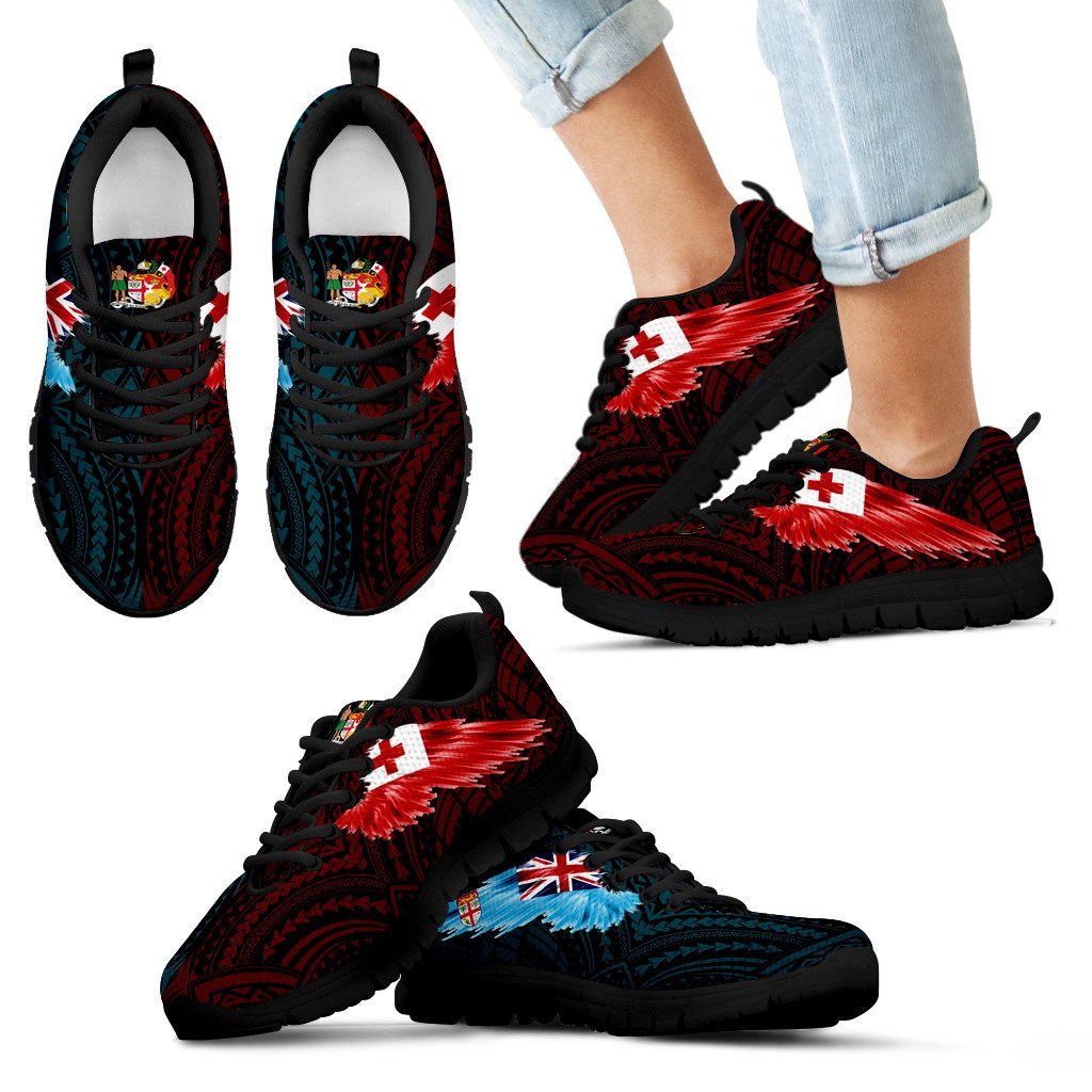 Fiji Tonga Sneakers - Fiji Coat Of Arms Flag Wing & Tonga Coat Of Arms Flag Wing - A8 - Polynesian Pride