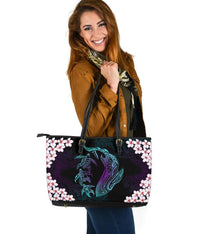 Hawaii Shark Turtle Plumeria Large Leather Tote Bag - Black - Zelda Style - AH Black - Polynesian Pride