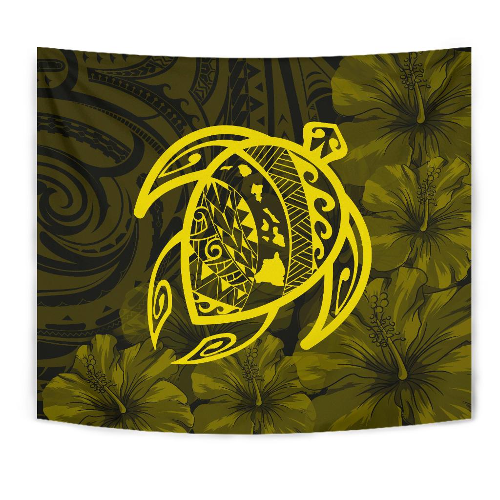 Hawaii Turtle Kanaka Map Hibiscus Poly Tapestry - Yellow - Polynesian Pride