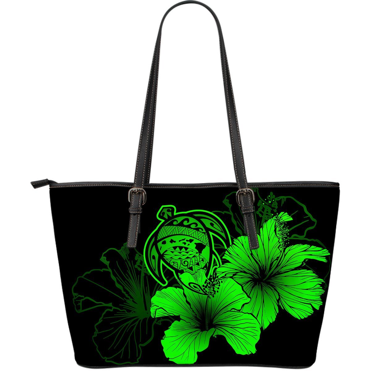 Hawaii Hibiscus Large Leather Tote Bag - Turtle Map - Green Green - Polynesian Pride